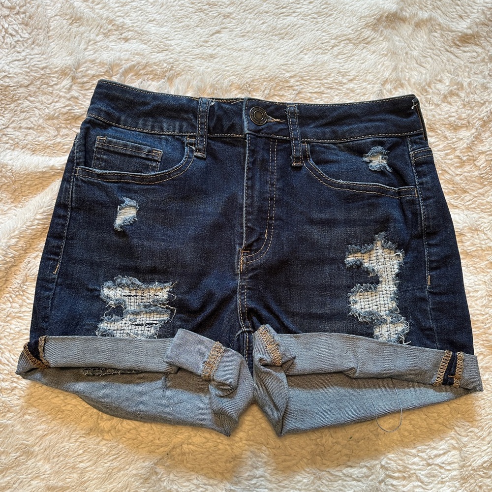 SO Dark Wash Distressed Jean Shorts sz 5/27W “High Rise Mindi”